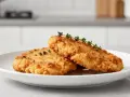 Due cotolette dorate e croccanti, preparate in friggitrice ad aria, servite su un piatto bianco con rametti di timo fresco.