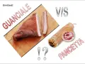 Guanciale, parte del maiale, è un salume stagionato. A confronto, la pancetta arrotolata.