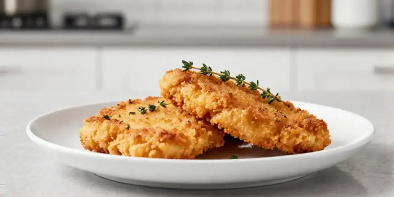 Due cotolette dorate e croccanti, preparate in friggitrice ad aria, servite su un piatto bianco con rametti di timo fresco.