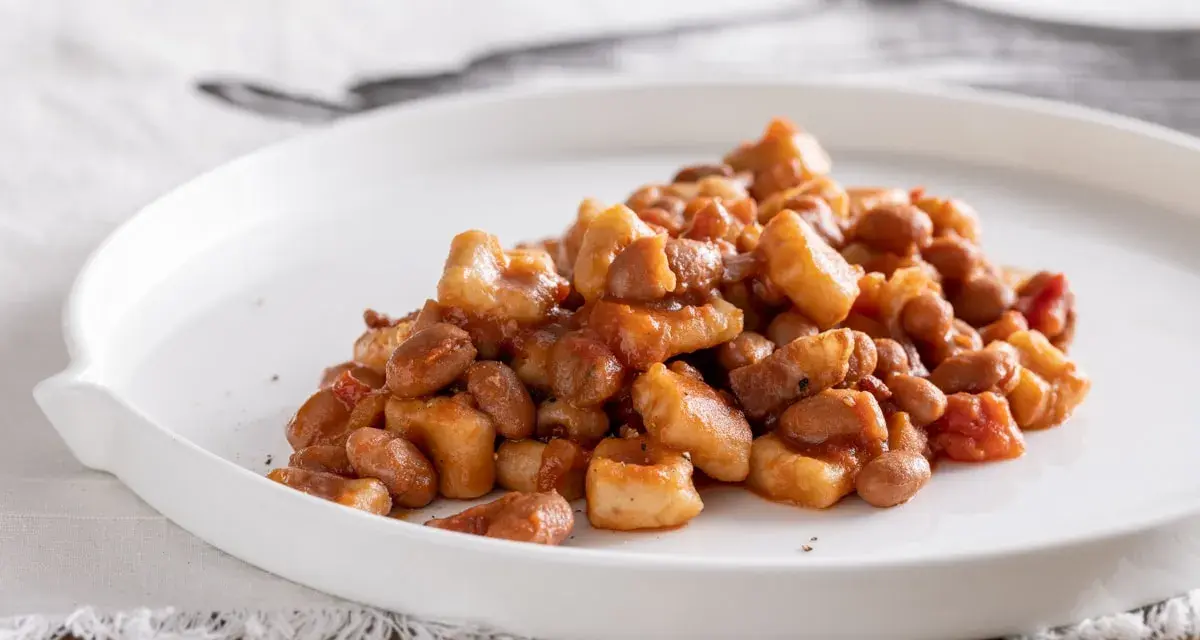 Un piatto di pisarei piacentini, pasta fatta in casa con fagioli e pomodoro, un assaggio della ricetta originale.