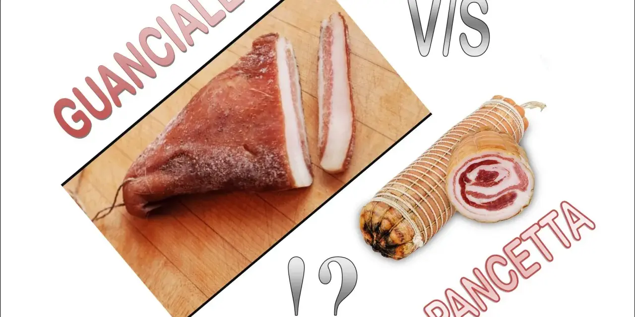 Guanciale, parte del maiale, è un salume stagionato. A confronto, la pancetta arrotolata.