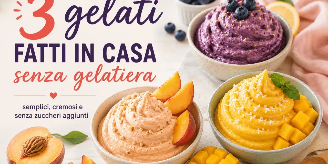 Tre deliziosi gelati fatti in casa: mirtillo, pesca e mango. Cremosi, semplici e senza zuccheri aggiunti, perfetti per un dessert rinfrescante.
