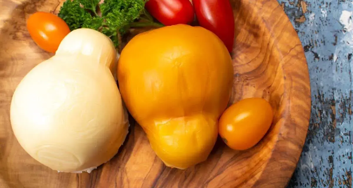 Provola bianca e scamorza gialla, con pomodorini e prezzemolo, per mostrare la differenza tra provola e scamorza.