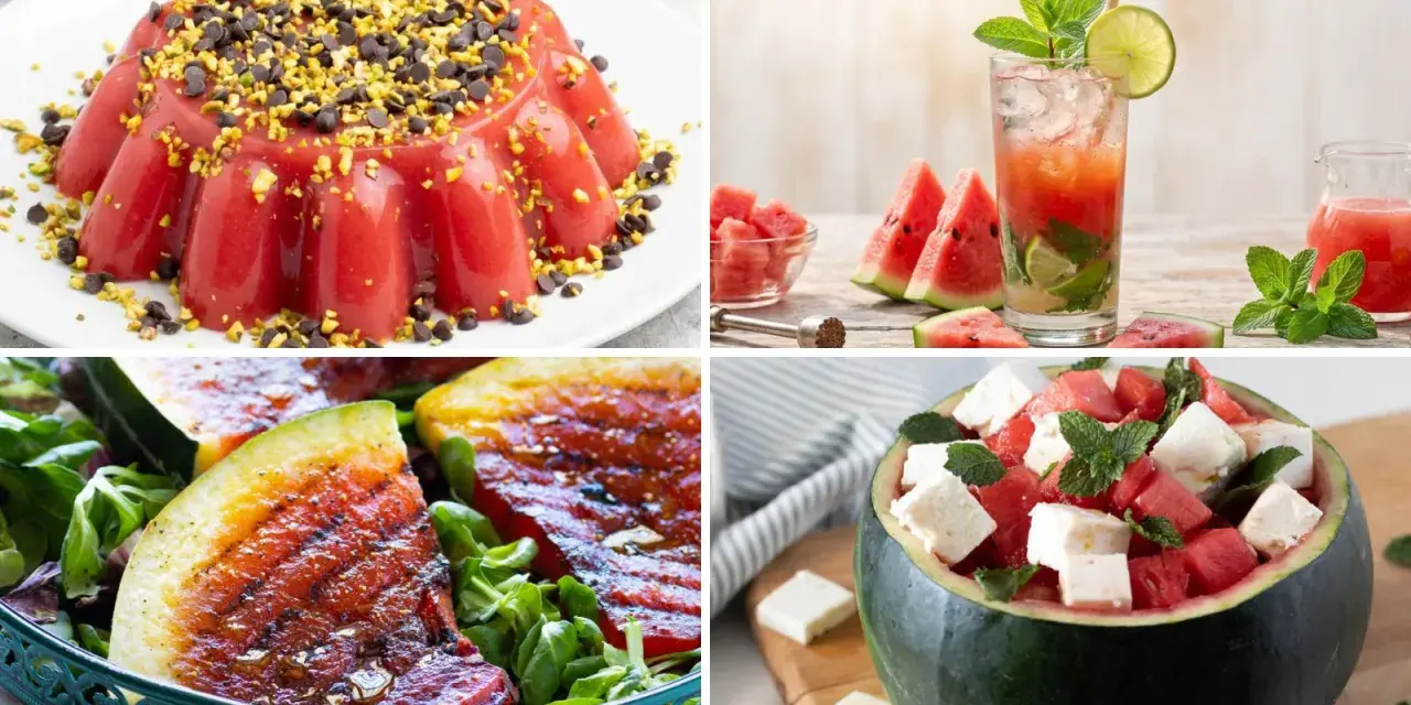 Dolce gelatina, cocktail rinfrescante, insalata grigliata e fresca insalata di anguria e feta: tante idee per ricette con anguria.