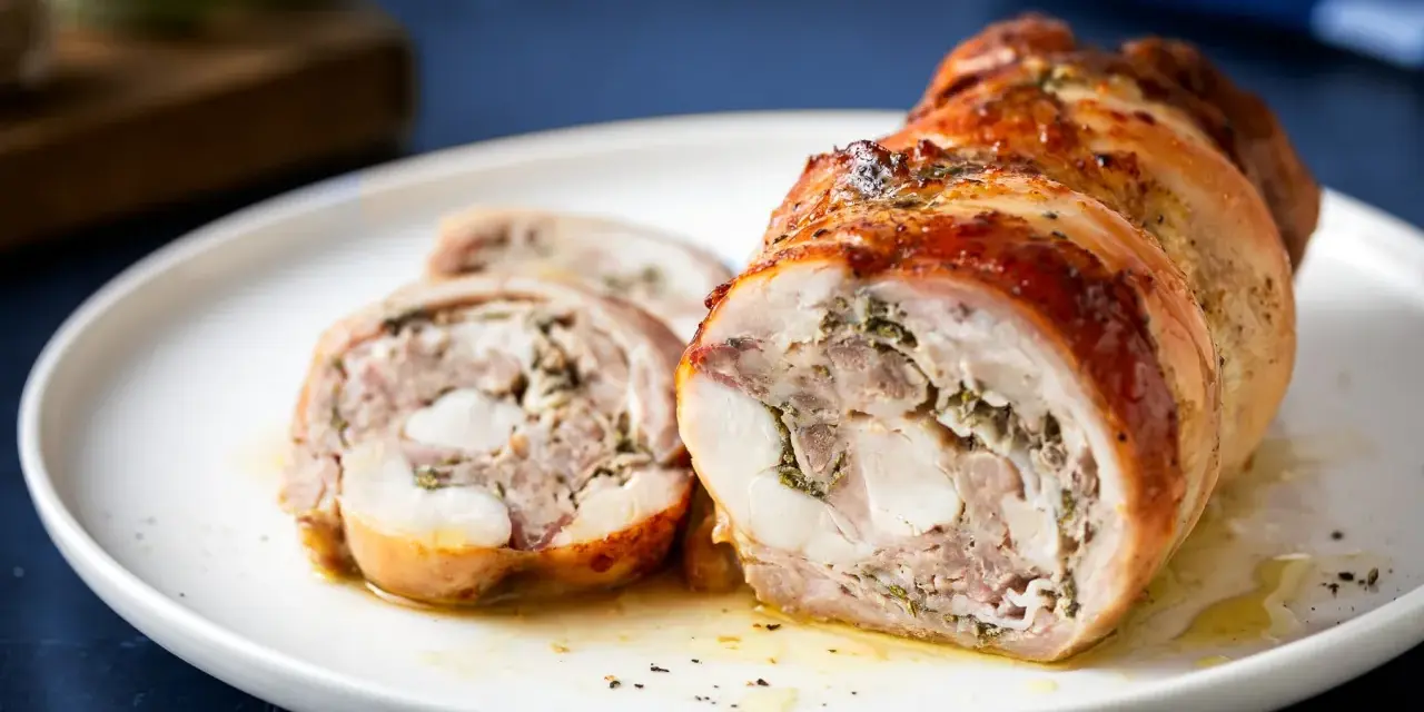 Coniglio in porchetta, un rotolo di carne succulento e profumato, tagliato a fette su un piatto bianco.