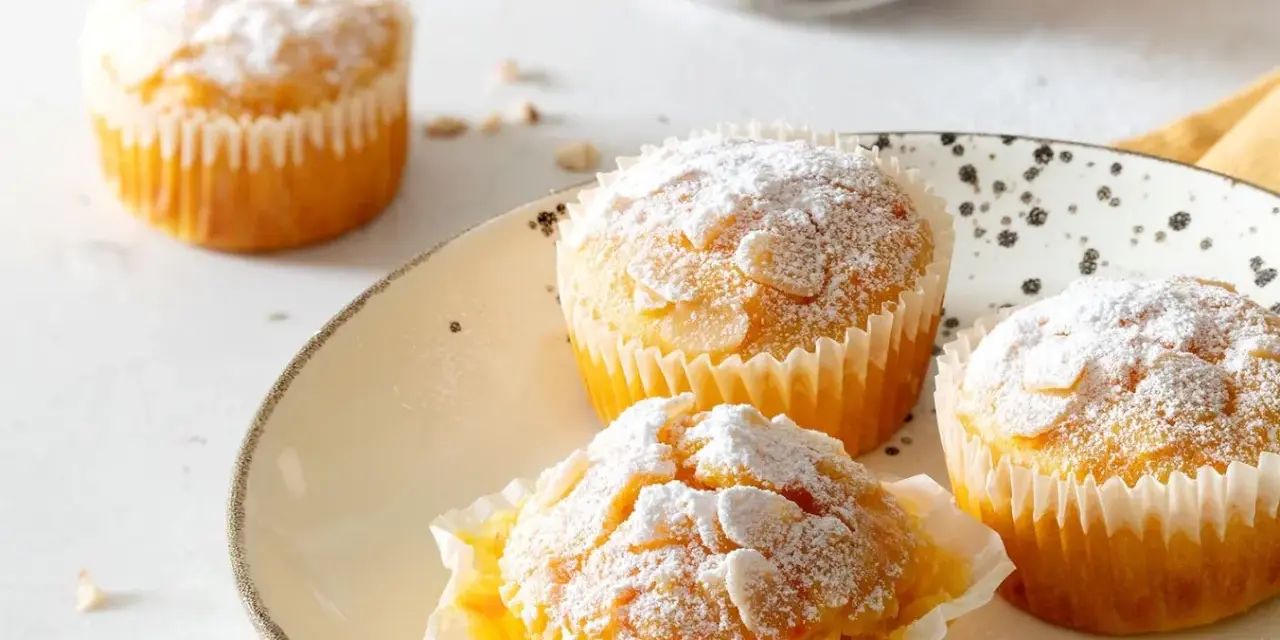 Muffin carote e yogurt spolverati di zucchero a velo e mandorle. Deliziosi e soffici, perfetti per la colazione.