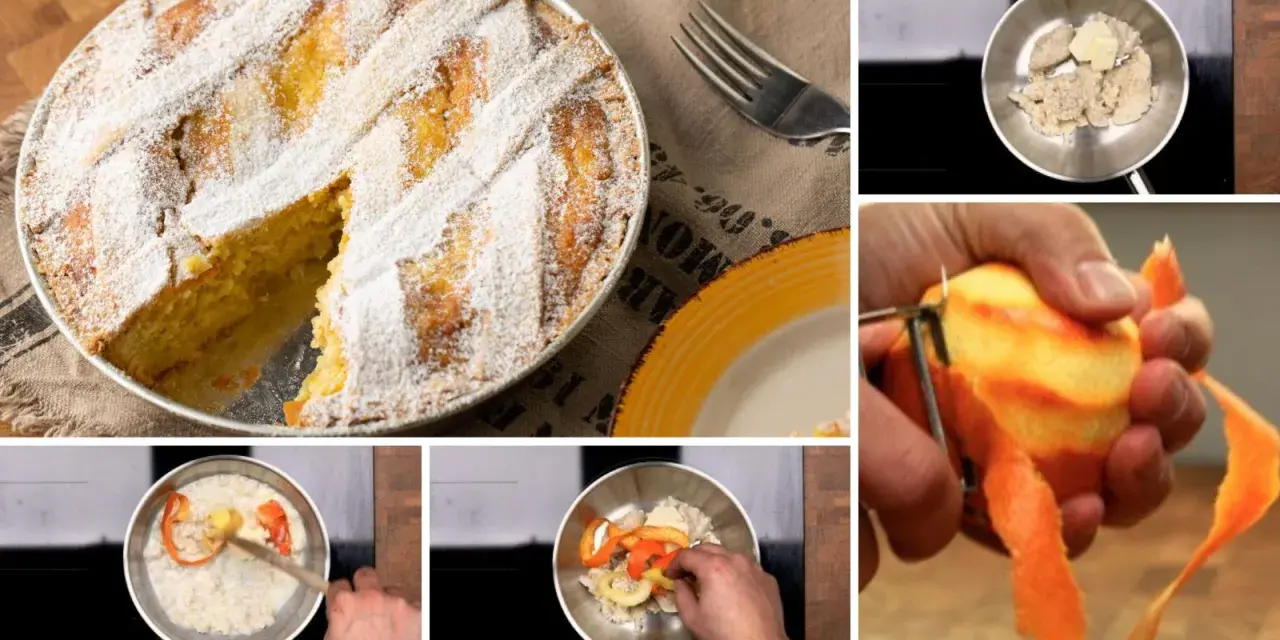La pastiera napoletana, dolce tradizionale, viene preparata con ingredienti freschi come scorze d'arancia.