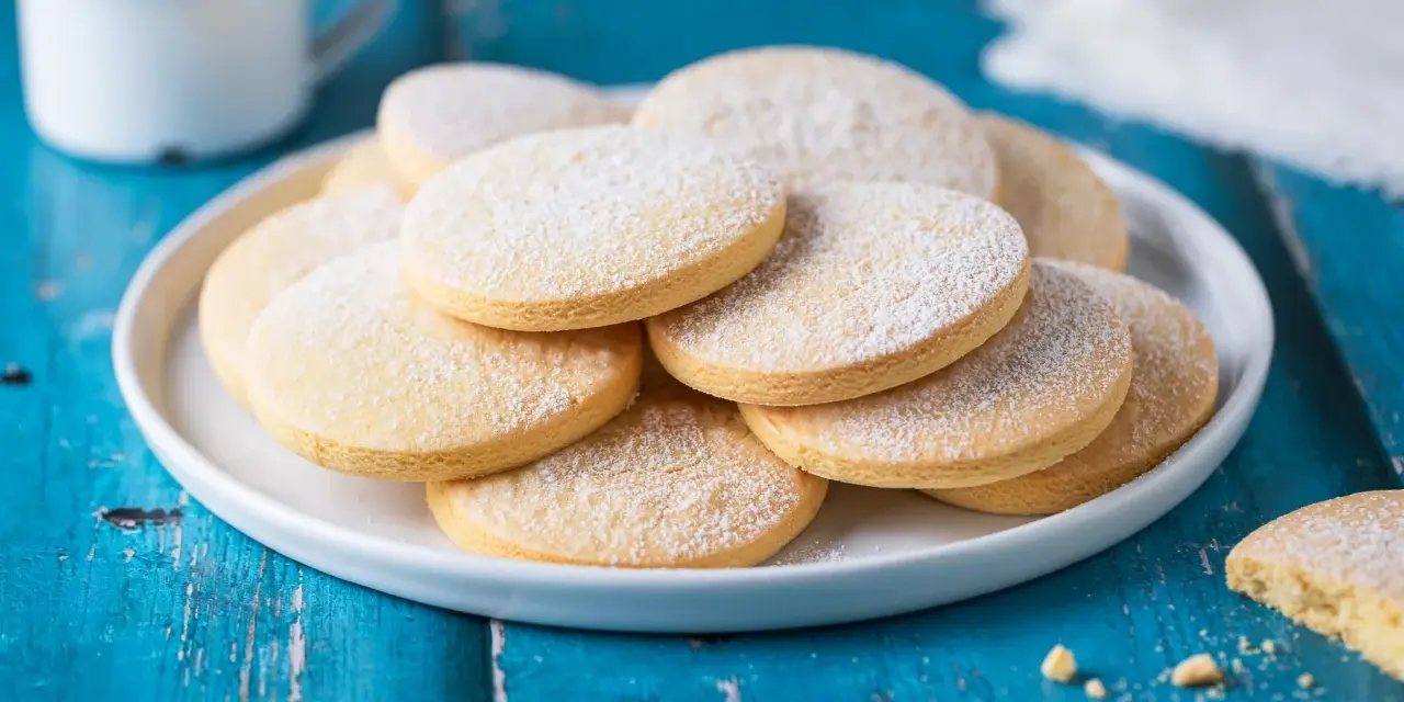 Piatto di biscotti senza lattosio spolverati di zucchero a velo, accanto a una tazza di caffè su un tavolo blu.