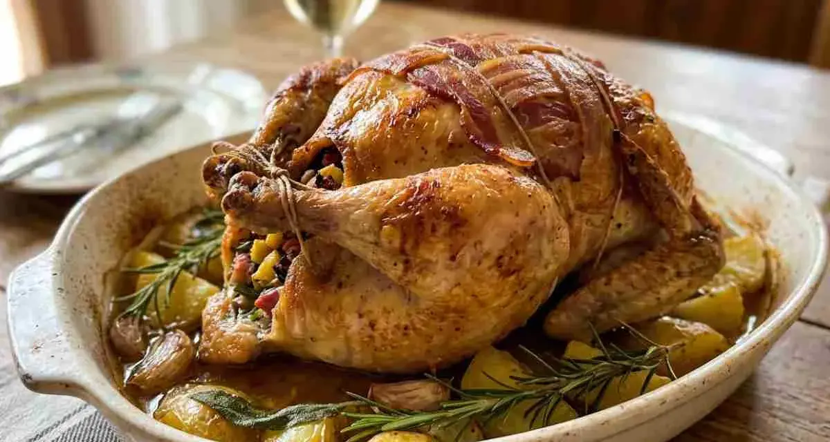 Una succulenta faraona al forno, avvolta in pancetta croccante, riposa su un letto di patate arrosto, aglio e rosmarino.