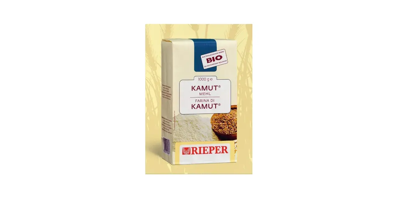 Confezione di farina di Kamut Rieper, biologica. La farina di Kamut contiene glutine, ideale per pane e pasta.
