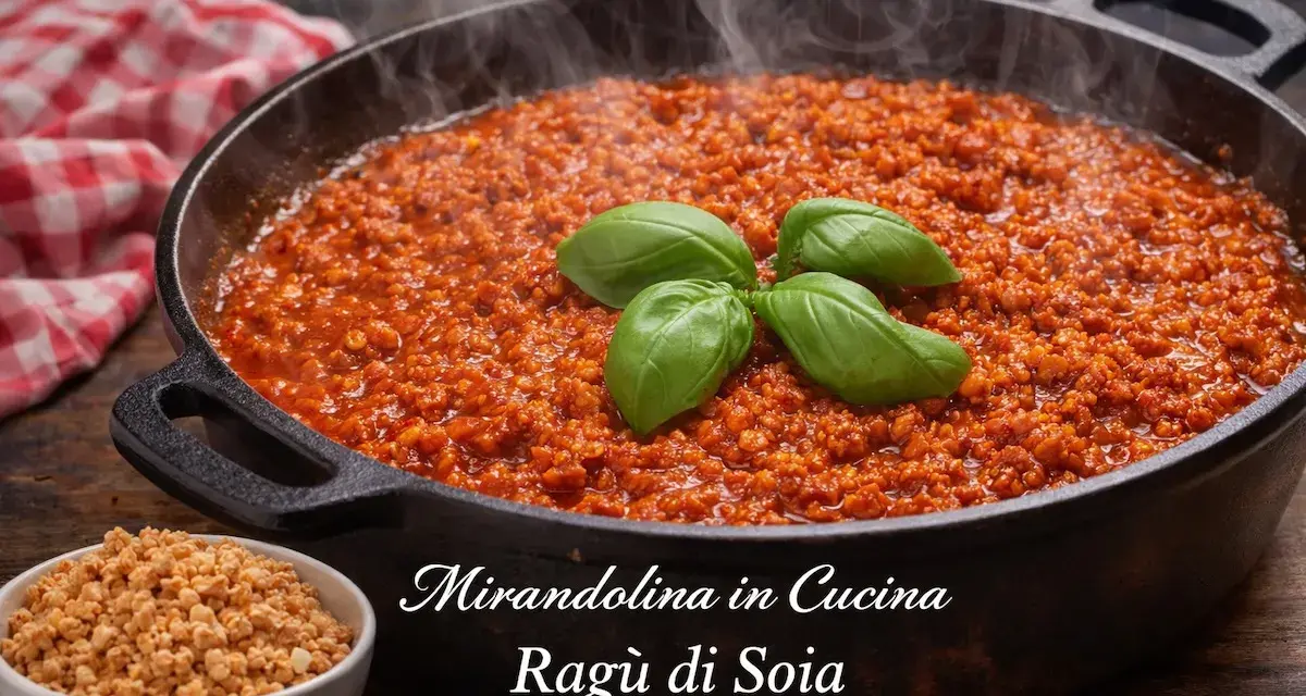 A cast iron pan filled with steaming soy ragu, garnished with basil leaves. A small bowl of dry soy granules is in the foreground.