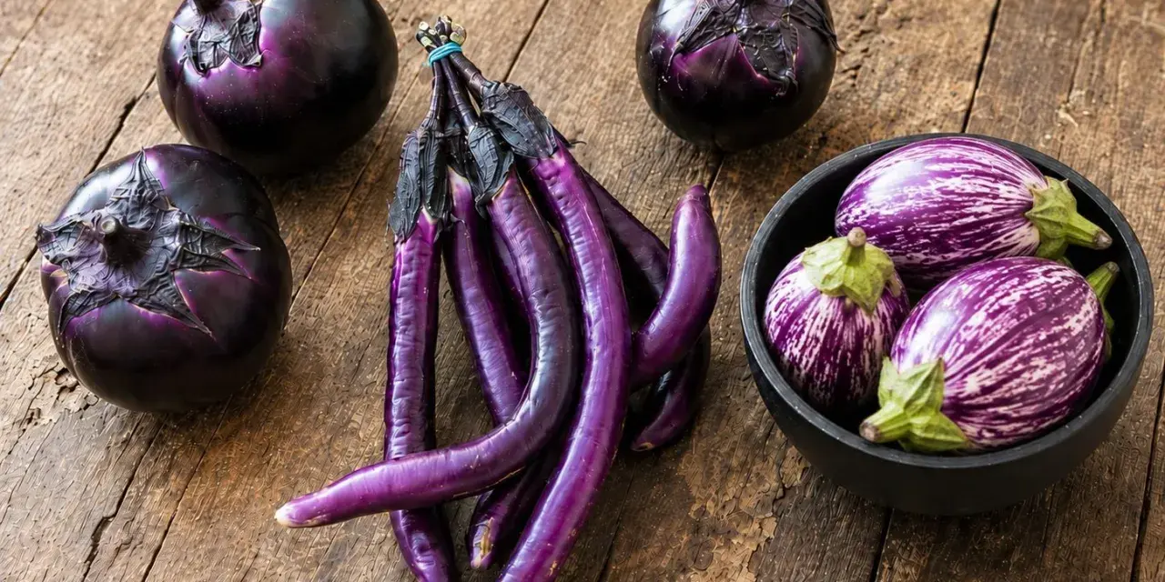 Melanzane tonde e lunghe, viola intenso e striate. Si dice che la differenza tra melanzane maschio e femmina sia nella forma, ma qui vediamo varietà diverse.