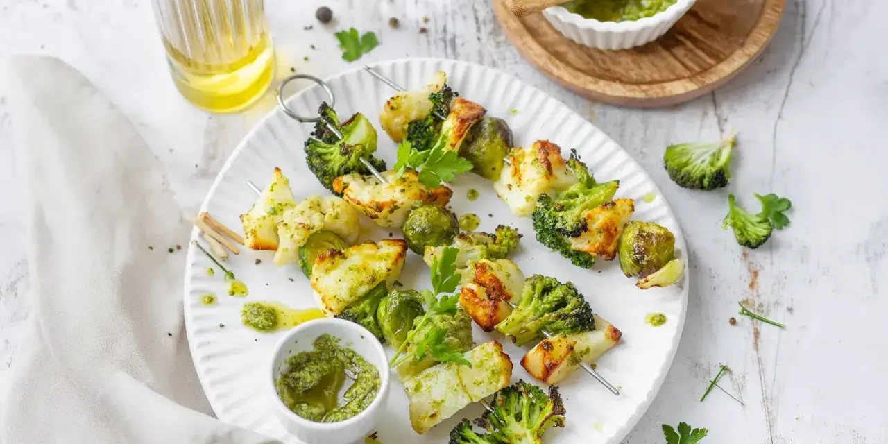 Spiedini di verdure grigliate, con broccoli, cavolfiore e cavolini di Bruxelles, conditi con pesto e serviti su un piatto bianco.