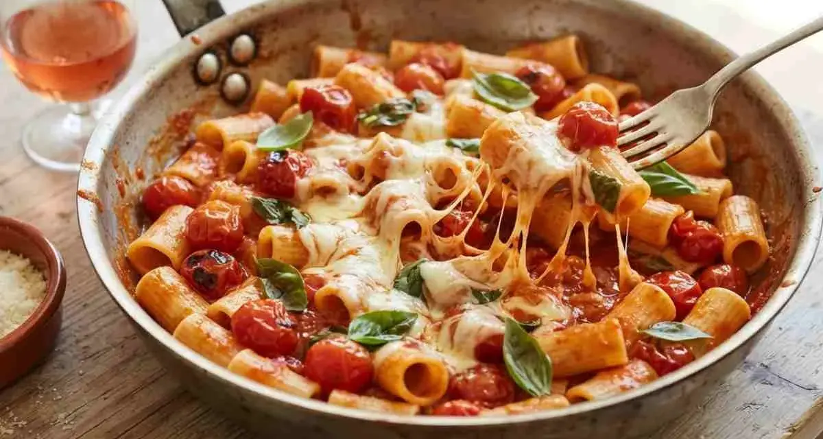 Pasta e fagioli estiva in padella, con pomodorini e mozzarella filante. Un piatto invitante e saporito, perfetto per un pasto leggero.