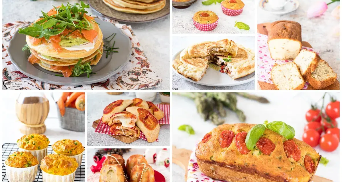 Collage di dolci e salati: pancake, muffin, focacce e torte salate, perfetti per ricette con lievito istantaneo.