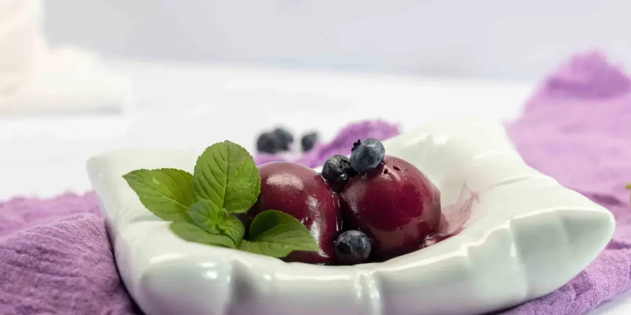 Due palline di gelato ai mirtilli, guarnite con mirtilli freschi e foglie di menta, servite in una ciotola bianca su un tovagliolo viola.
