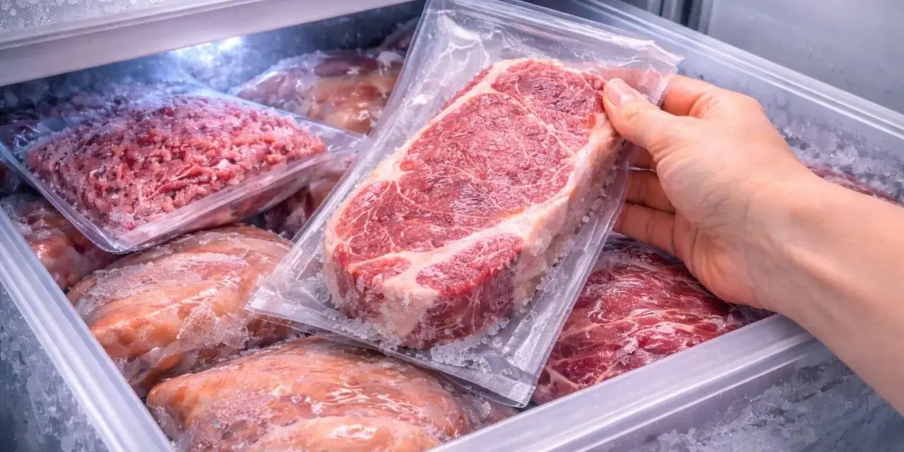 Mano che prende una bistecca sottovuoto dal freezer. Varie confezioni di carne congelata, tra cui macinato e pezzi interi, pronte per essere scongelate.