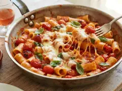 Pasta e fagioli estiva in padella, con pomodorini e mozzarella filante. Un piatto invitante e saporito, perfetto per un pasto leggero.