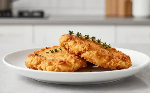 Due cotolette dorate e croccanti, preparate in friggitrice ad aria, servite su un piatto bianco con rametti di timo fresco.