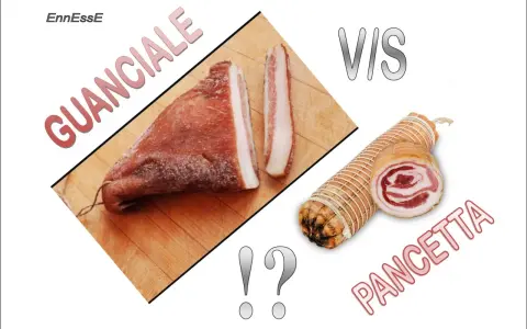 Guanciale, parte del maiale, è un salume stagionato. A confronto, la pancetta arrotolata.
