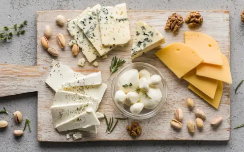 Assortimento di formaggi freschi: mozzarelline, feta e formaggi stagionati, con noci e pistacchi.