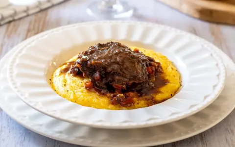 Guancette di maiale brasate su un letto di polenta cremosa, un piatto ricco e saporito.