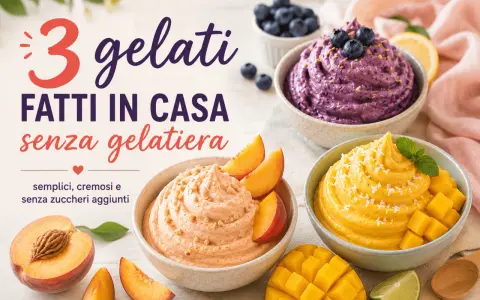 Tre deliziosi gelati fatti in casa: mirtillo, pesca e mango. Cremosi, semplici e senza zuccheri aggiunti, perfetti per un dessert rinfrescante.