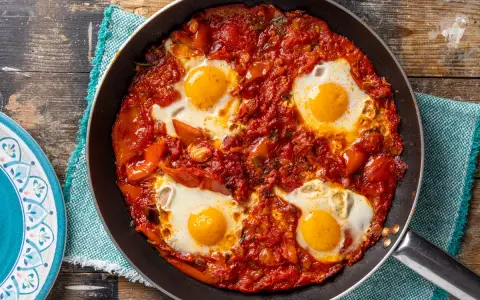 Uova in purgatorio in padella, un classico tra le ricette con uova, con pomodoro e peperoni.
