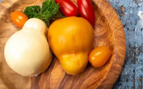 Provola bianca e scamorza gialla, con pomodorini e prezzemolo, per mostrare la differenza tra provola e scamorza.