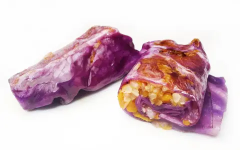 Due involtini di cavolo cappuccio viola, ripieni di riso e verdure, su sfondo bianco.