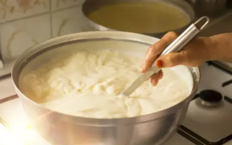 Una mano mescola un cremoso yogurt fatto in casa con fermenti in una ciotola d'acciaio su un fornello.