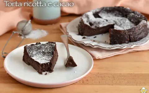 Una fetta di torta ricotta e cioccolato senza farina, cosparsa di zucchero a velo, su un piatto bianco.