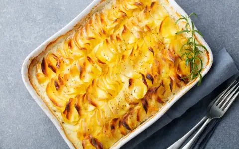 Delizioso millefoglie di patate dorate e croccanti, cotto in una teglia bianca, guarnito con rosmarino fresco e pepe nero.
