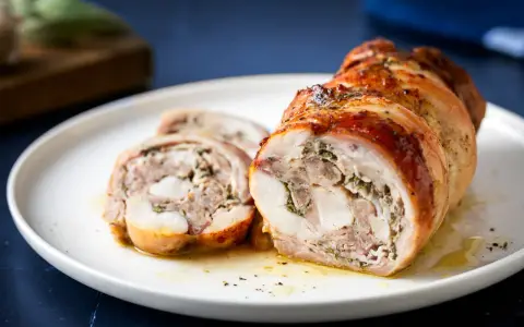 Coniglio in porchetta, un rotolo di carne succulento e profumato, tagliato a fette su un piatto bianco.