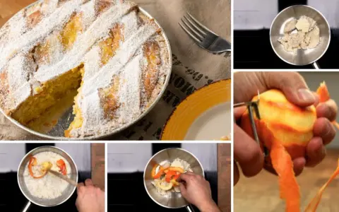 La pastiera napoletana, dolce tradizionale, viene preparata con ingredienti freschi come scorze d'arancia.