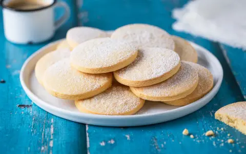 Piatto di biscotti senza lattosio spolverati di zucchero a velo, accanto a una tazza di caffè su un tavolo blu.
