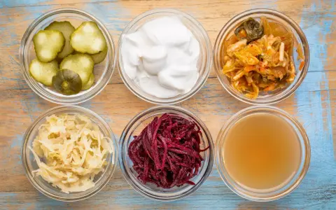 Sei ciotole di vetro con cetrioli, yogurt, kimchi, crauti, barbabietole e brodo, ingredienti per probiotici naturali fatti in casa.