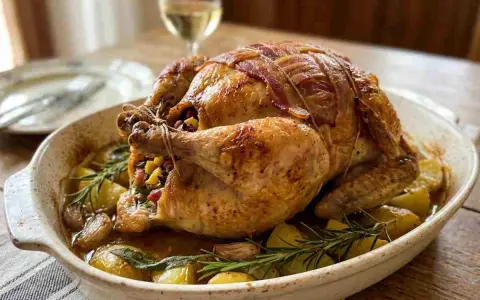 Una succulenta faraona al forno, avvolta in pancetta croccante, riposa su un letto di patate arrosto, aglio e rosmarino.
