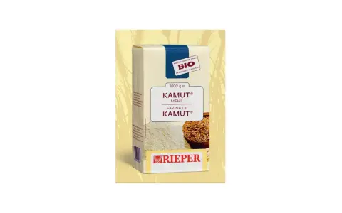 Confezione di farina di Kamut Rieper, biologica. La farina di Kamut contiene glutine, ideale per pane e pasta.