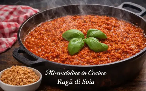 A cast iron pan filled with steaming soy ragu, garnished with basil leaves. A small bowl of dry soy granules is in the foreground.