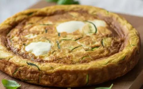 Frittata con mozzarella al forno, dorata e soffice, con zucchine a rondelle e ciuffi di mozzarella filante. Un piatto gustoso e leggero.