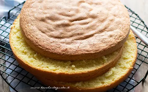 Due dischi di pan di spagna torta, uno sopra l'altro, su una griglia. La superficie è dorata e soffice, pronta per essere farcita.