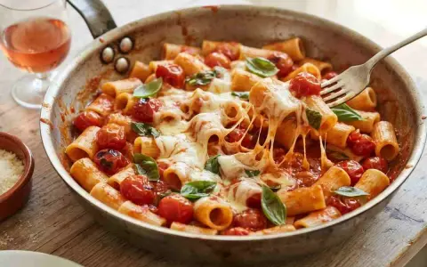 Pasta e fagioli estiva in padella, con pomodorini e mozzarella filante. Un piatto invitante e saporito, perfetto per un pasto leggero.