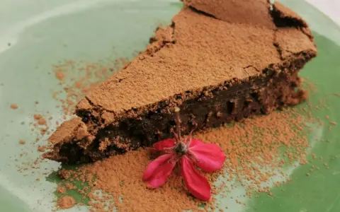 Una fetta di torta tenerina vegana, cosparsa di cacao, con un fiore rosso su un piatto verde.