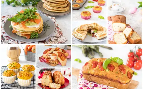 Collage di dolci e salati: pancake, muffin, focacce e torte salate, perfetti per ricette con lievito istantaneo.
