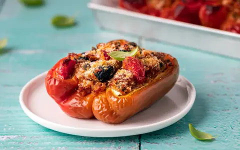 Peperoni ripieni, un classico delle ricette con peperoni, con un gustoso ripieno di pomodoro, olive e pangrattato, guarniti con basilico fresco.