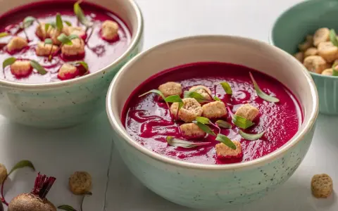 Zuppa cremosa di barbabietola rossa, guarnita con crostini e germogli. Un'idea per le tue barbabietola rossa ricette.