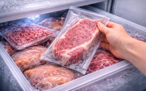 Mano che prende una bistecca sottovuoto dal freezer. Varie confezioni di carne congelata, tra cui macinato e pezzi interi, pronte per essere scongelate.