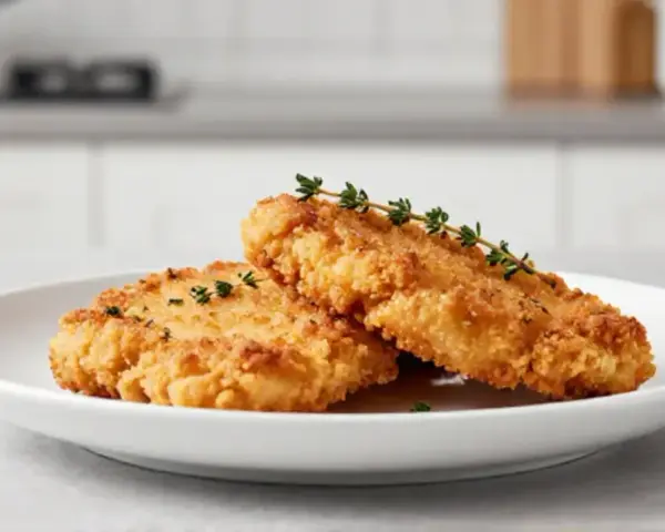Due cotolette dorate e croccanti, preparate in friggitrice ad aria, servite su un piatto bianco con rametti di timo fresco.