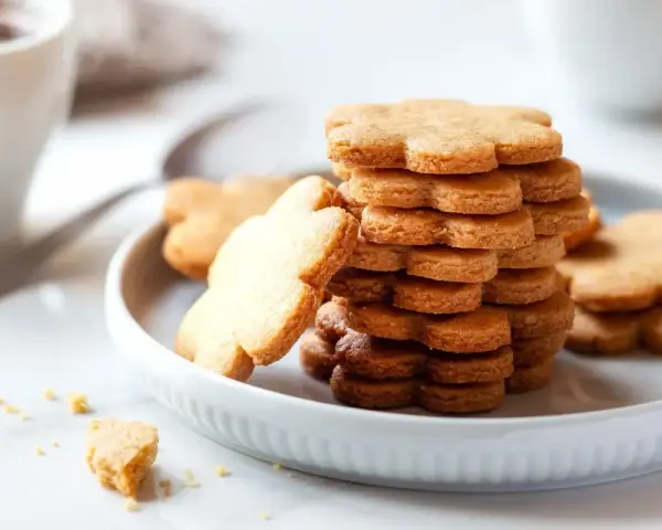 Una pila di biscotti pasta frolla a forma di fiore su un piatto bianco, con una tazza di caffè sullo sfondo.